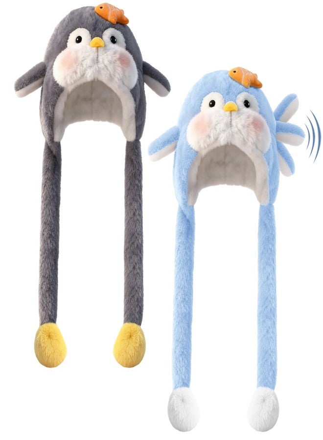 Croknit 2pcs Animal Hat with Ears Moving Gift for Christmas Jumping Pop up Beating Hat Cartoon Cosplay Dress up(2,Penguin) - Image 1